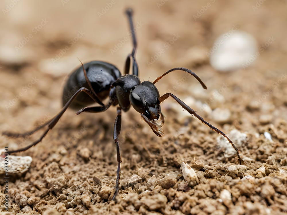 Black Ant Close Up: A detailed macro photograph of a large, black ant on the ground, showcasing its intricate anatomy and powerful mandibles. Black Ant Close Up: A detailed macro photograph of a large, black ant on the ground, showcasing its intricate anatomy and powerful mandibles.