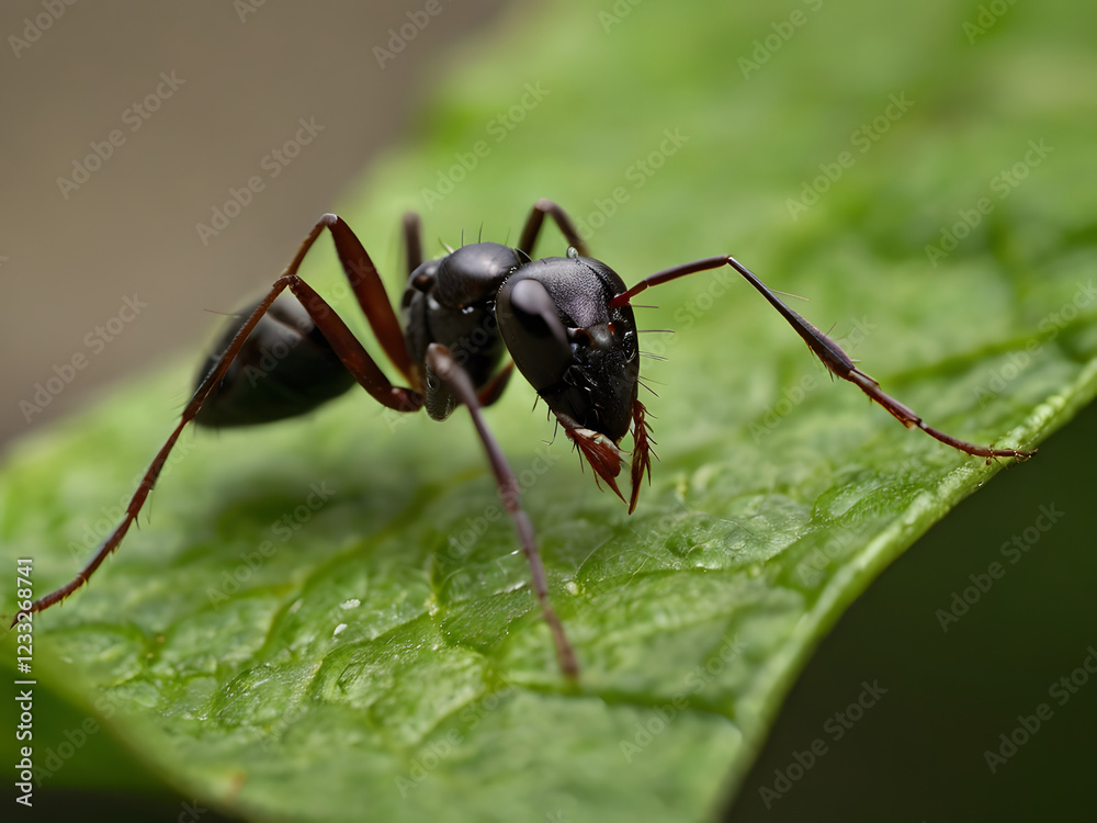 Black Carpenter Ant on Leaf: A detailed close-up of a large black carpenter ant perched on a vibrant green leaf, showcasing its intricate anatomy and powerful mandibles. The image is sharp. Black Carpenter Ant on Leaf: A detailed close-up of a large black carpenter ant perched on a vibrant green leaf, showcasing its intricate anatomy and powerful mandibles. The image is sharp.