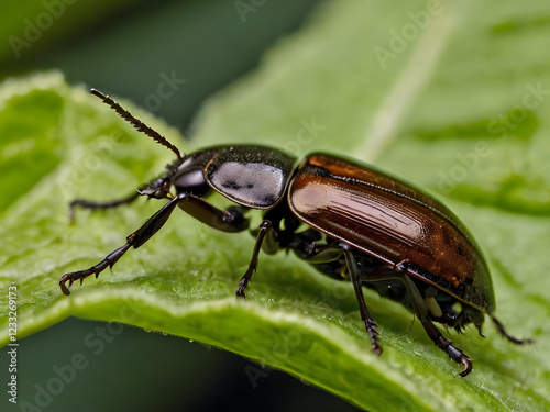 Darkling Beetle Close-Up: A detailed macro photograph showcases a darkling beetle, its iridescent brown elytra gleaming, perched on a vibrant green leaf.