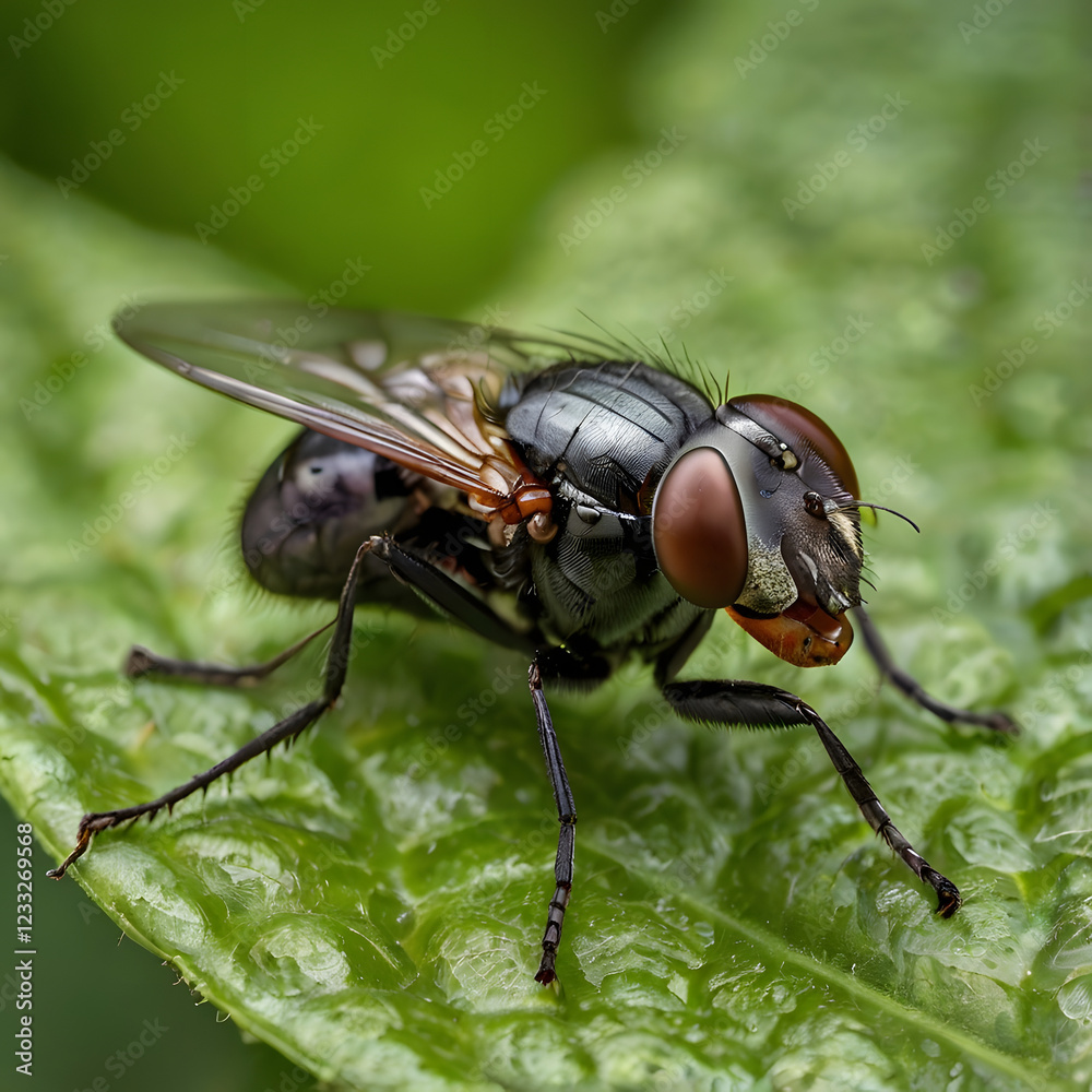 Fototapeta premium Black-bodied Fly on Green Leaf: A detailed macro photograph showcasing a black fly with reddish eyes perched on a vibrant green leaf.