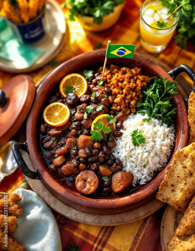 Brazilian feijoada served with rice, greens, and a Brazilian flag..