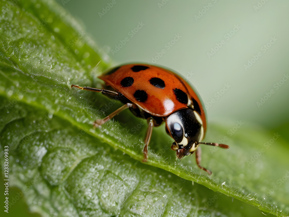 Ladybug on Leaf: A vibrant ladybug with its iconic red shell and black spots sits on a lush green leaf, its tiny legs gripping the surface as it prepares to take flight. Ladybug on Leaf: A vibrant ladybug with its iconic red shell and black spots sits on a lush green leaf, its tiny legs gripping the surface as it prepares to take flight.