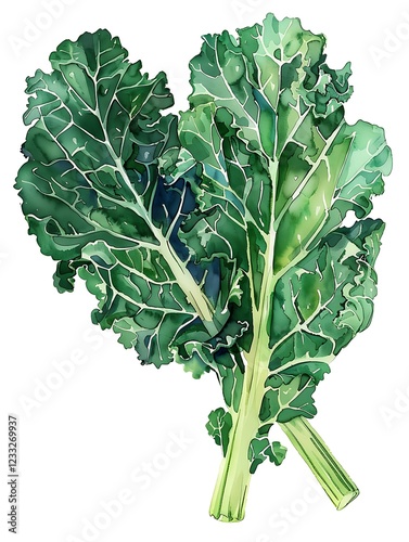 Watercolor Green Kale Isolated on White Background. Beautiful Kale Flower