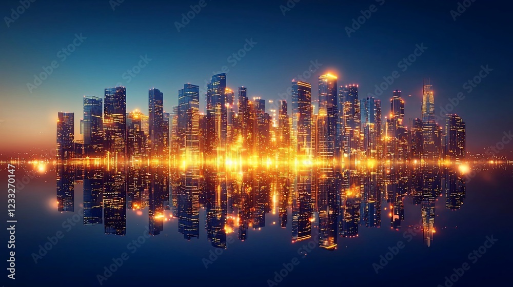 Fototapeta premium Illuminated Cityscape Reflecting In Still Water At Night