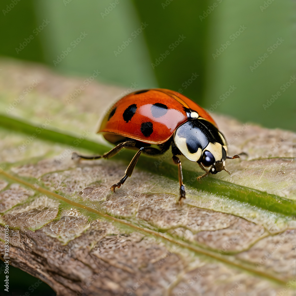 Ladybug on a Leaf: A vibrant ladybug, with its iconic red shell and black spots, rests on a green leaf, its tiny legs delicately clinging to the surface, showcasing nature's vibrant beauty. Ladybug on a Leaf: A vibrant ladybug, with its iconic red shell and black spots, rests on a green leaf, its tiny legs delicately clinging to the surface, showcasing nature's vibrant beauty.