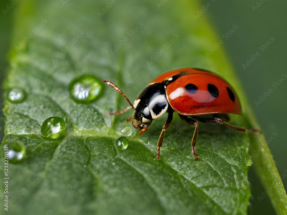 Ladybug on Dew-Kissed Leaf: A vibrant red ladybug with black spots perches delicately on a lush green leaf, adorned with glistening morning dew.  Close-up view showcasing intricate details. 