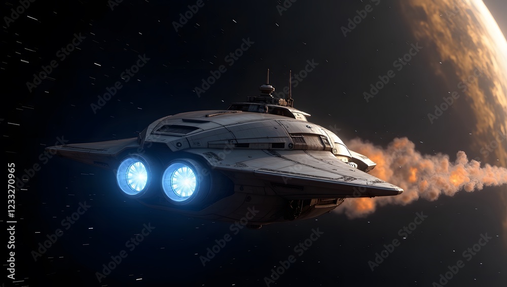 Obraz premium A futuristic starship streaks across space leaving a radiant trail. 