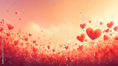A Whimsical Illustration Of A Field Filled With Red Hearts Against A Warm, Sunset Sky. It'S Dreamy And Romantic, Perfect For Valentine'S Day Or Any Celebration Of Love.