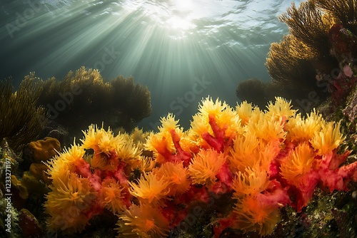 Vibrant Underwater Coral Reefs Illuminated by Sunlight photo