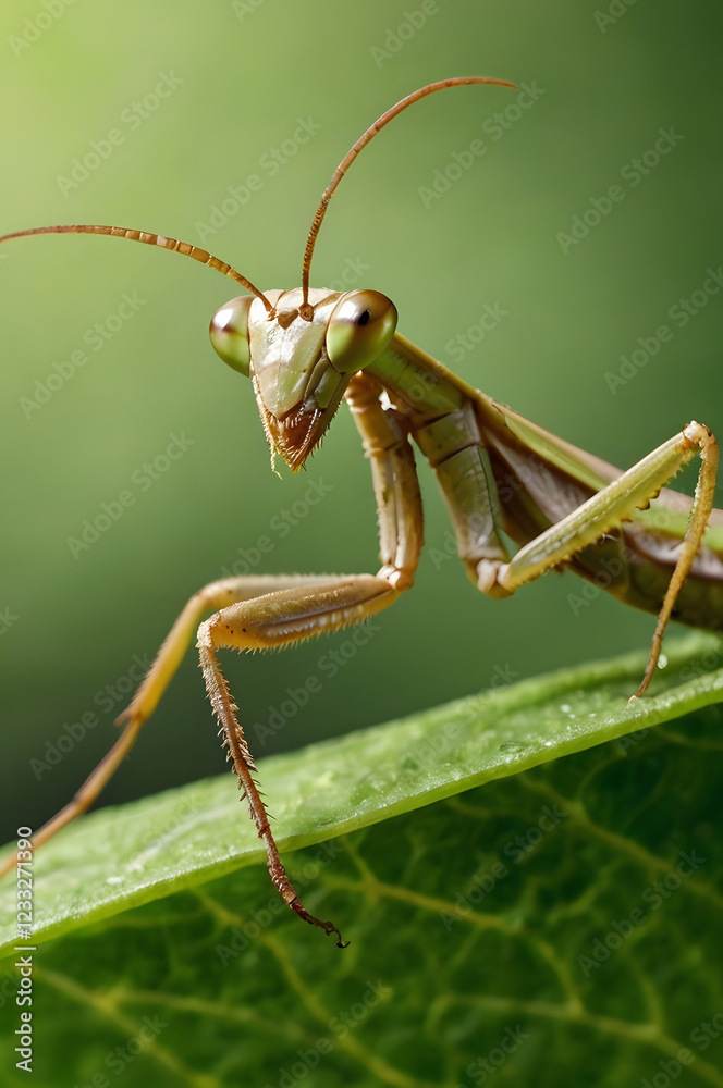Praying Mantis Close-Up: A macro shot of a vibrant green praying mantis, its intricate details and captivating gaze showcased against a soft green leafy background. Praying Mantis Close-Up: A macro shot of a vibrant green praying mantis, its intricate details and captivating gaze showcased against a soft green leafy background.