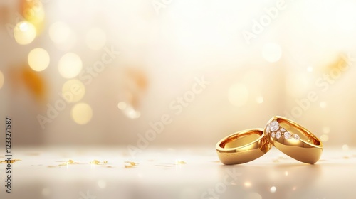 Two golden wedding rings isolated on white table, blur background, banner, copy space, 3d illustration photo