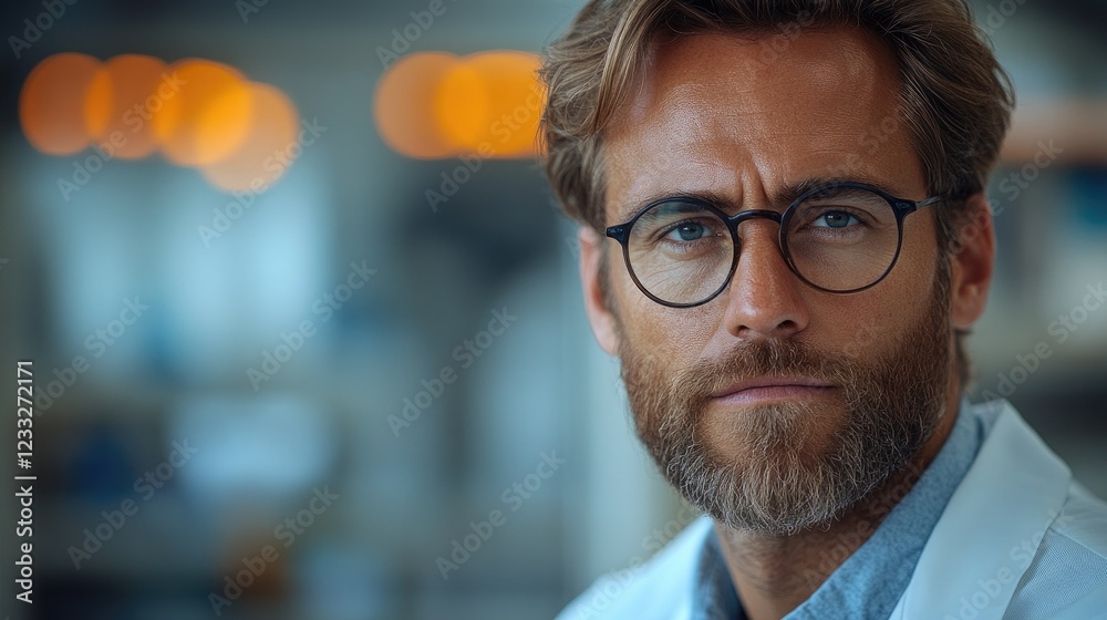 A Close Up Portrait of a man wearing a white lab coat and glasses with bokeh background A Close Up Portrait of a man wearing a white lab coat and glasses with bokeh background