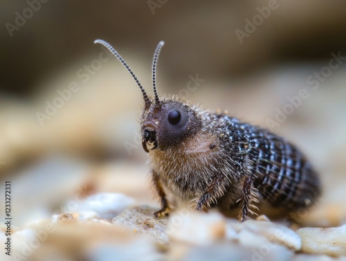 Close up shot of a small beetle with long antennae on a light rocky surface photo