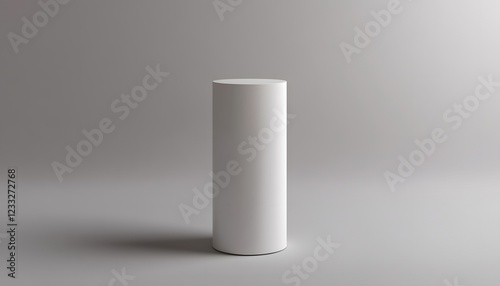 A single white cylindrical pedestal stands on a gray background