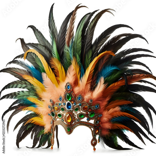 A vibrant headdress with a mix of dark and brightly colored feathers and jeweled accents is displayed against a white background