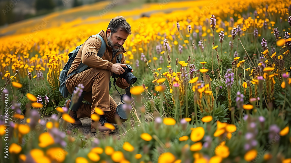 A man crouches in a vibrant field of yellow and purple flowers, holding a camera, capturing the beauty of nature A man crouches in a vibrant field of yellow and purple flowers, holding a camera, capturing the beauty of nature