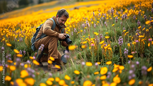 A man crouches in a vibrant field of yellow and purple flowers, holding a camera, capturing the beauty of nature