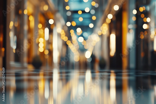 Abstract view of a luxury shopping mall interior with defocused lights and a reflective floor