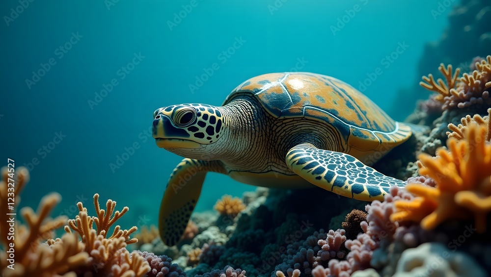 Fototapeta premium A majestic sea turtle glides over a vibrant coral reef. 