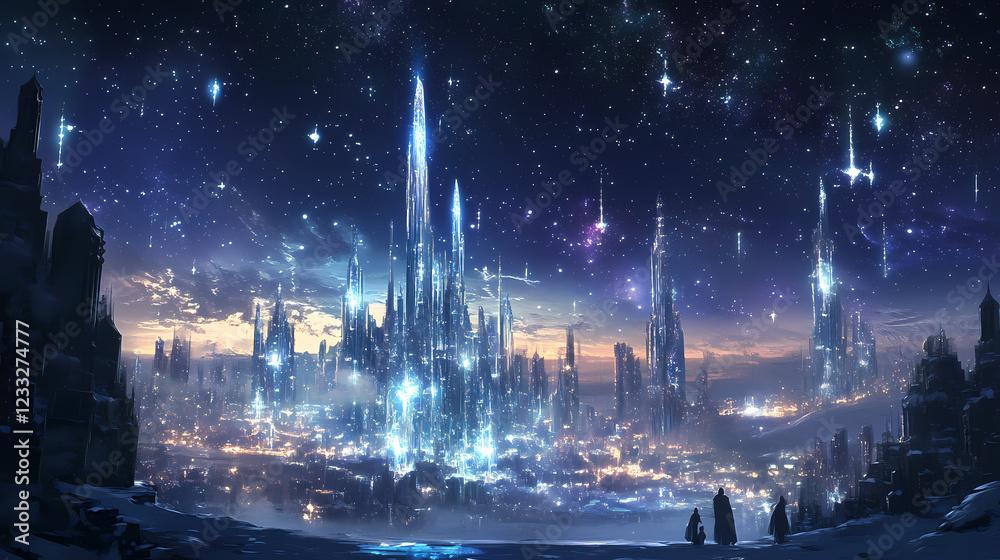 Fototapeta premium Crystal city under a starry night sky. Radiant Spire. Illustration
