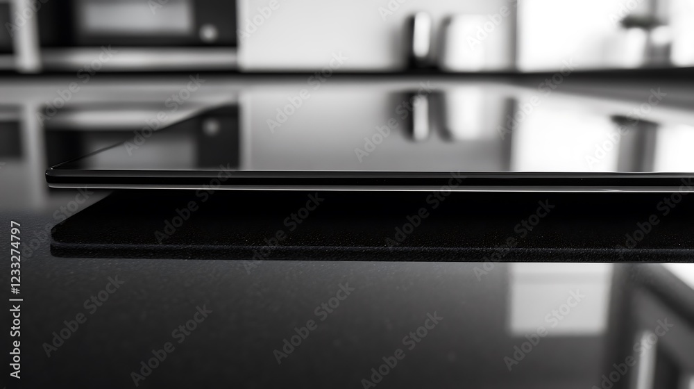 Black Tablet Resting On A Reflective Surface Black Tablet Resting On A Reflective Surface