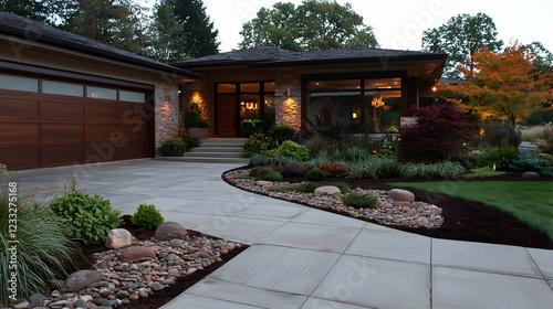 Modern home, landscaped driveway, autumn evening, suburban setting, real estate listing
