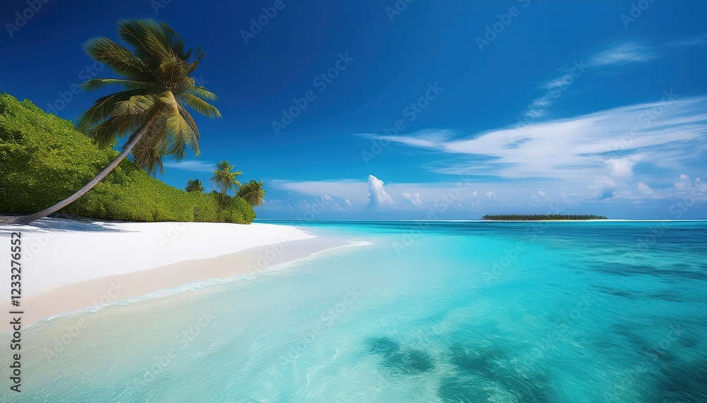 Enchanting Tropical Bliss Breathtaking White Sandy Beach under a Crystal Clear Blue Sky in the Maldives, Offering an Inviting Oasis of Serenity and Paradise. Enchanting Tropical Bliss Breathtaking White Sandy Beach under a Crystal Clear Blue Sky in the Maldives, Offering an Inviting Oasis of Serenity and Paradise.