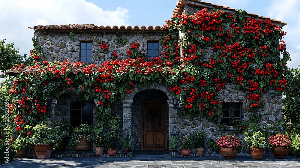 Fototapeta premium Stone House Adorned With Abundant Red Flowers