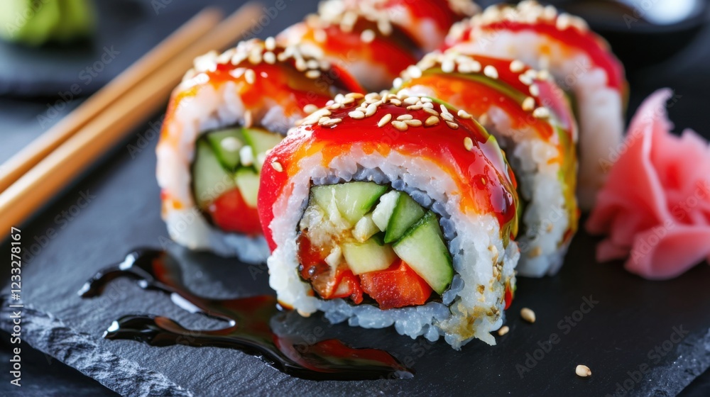 A vibrant and colorful vegetable sushi roll with avocado, cucumber, and red pepper
