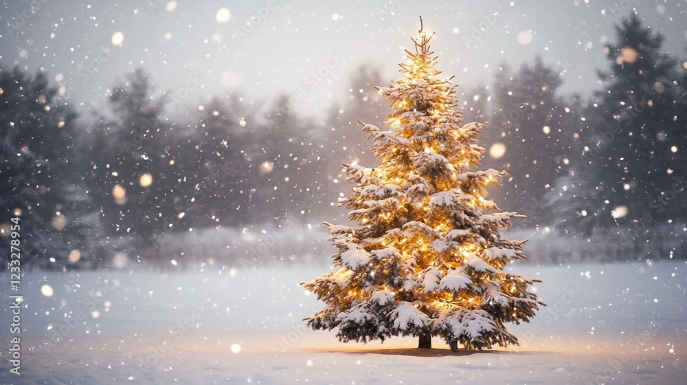 A snow covered Christmas tree stands illuminated in a snowy field with snowflakes falling around it A snow covered Christmas tree stands illuminated in a snowy field with snowflakes falling around it