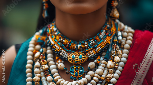 A close-up of a person wearing layered ethnic jewelry with intricate details and cultural significance 