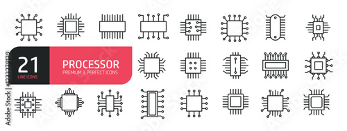 Set of line icons computer, processor, CPU, micro chip, electronic. Outline icons collection. Editable stroke. Vector illustration. stock illustration