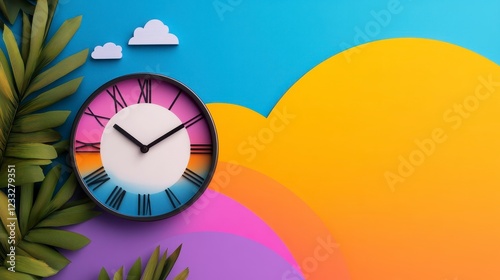 Colorful Clock on Vibrant Background with Leaves and Clouds