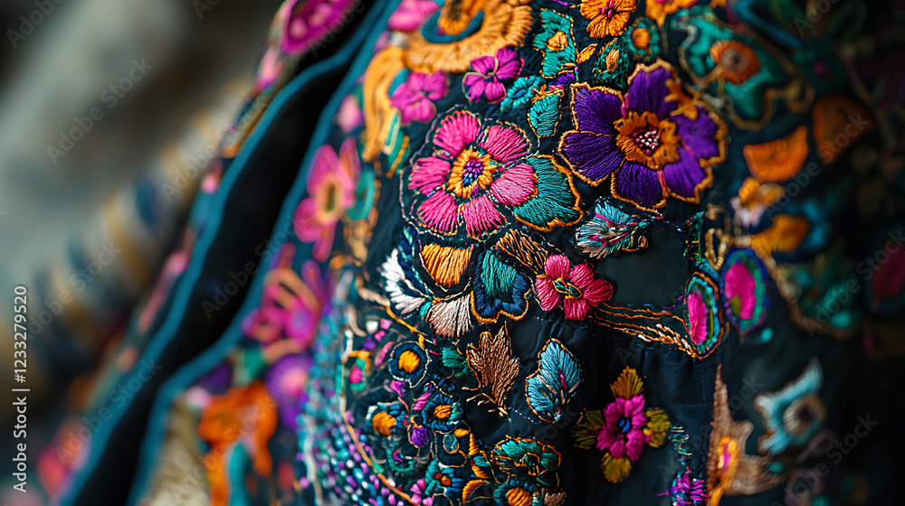 Obraz premium A close-up of intricate embroidery on traditional clothing with vibrant patterns and rich textures 
