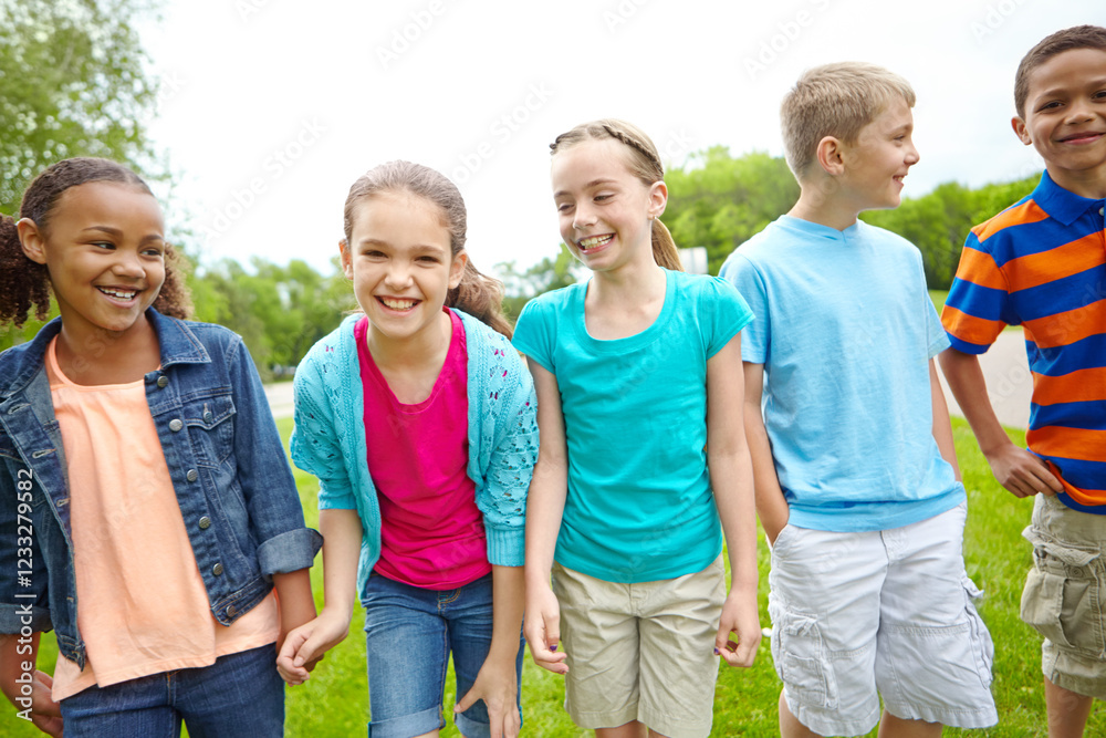 Children, talking or friends laughing in park on outdoor holiday or vacation with happiness or fun. Growth development, diversity or group of kids on field adventure for break and wellness in nature Children, talking or friends laughing in park on outdoor holiday or vacation with happiness or fun. Growth development, diversity or group of kids on field adventure for break and wellness in nature