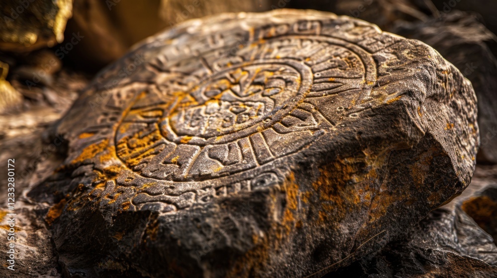 Ancient Stone Engraving with Circular Calendar Design Ancient Stone Engraving with Circular Calendar Design