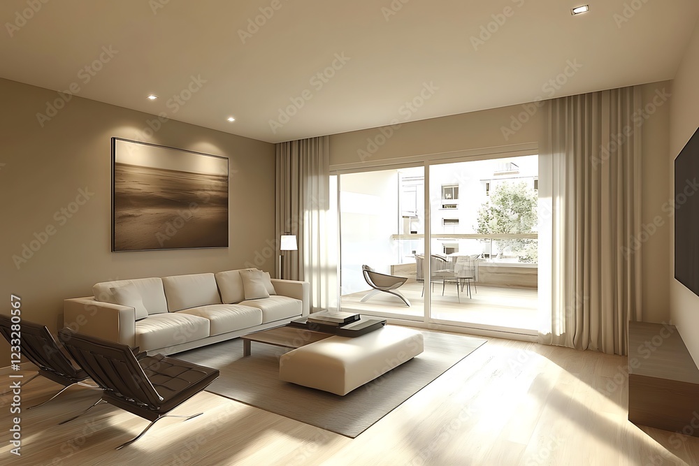 Fototapeta premium A 3D rendering displays a contemporary, vacant living room featuring a beige wall in an apartment, emphasizing a stylish interior design and an open layout.
