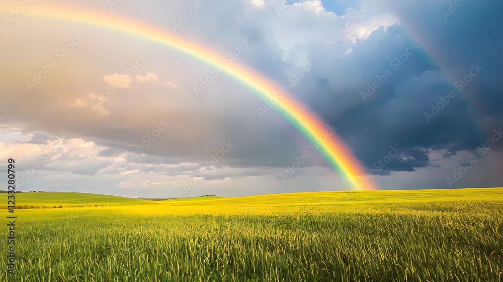 Rainbow lighting up a cloudy sky after a passing rainstorm, casting soft colors on green fields. Rainbow Fields. Illustration Rainbow lighting up a cloudy sky after a passing rainstorm, casting soft colors on green fields. Rainbow Fields. Illustration