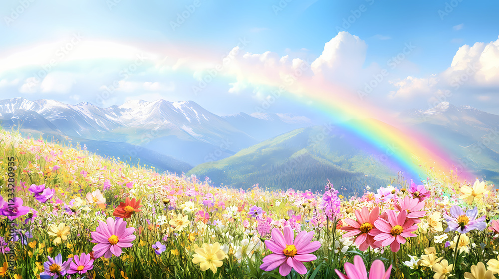 Fototapeta premium Rainbow over a field of wildflowers with mountains in the background. Rainbow Fields. Illustration