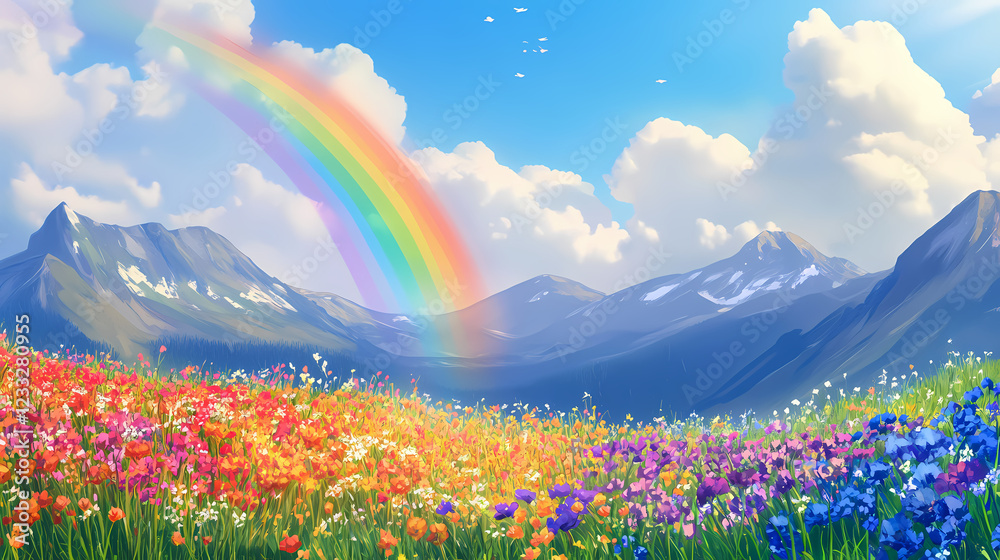 Fototapeta premium Rainbow over a field of wildflowers with mountains in the background. Rainbow Fields. Illustration