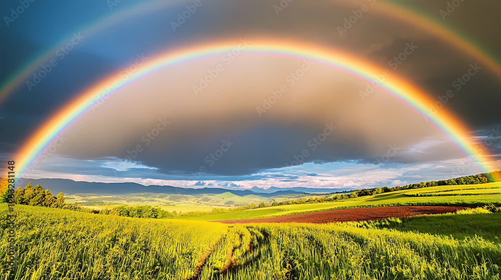 Obraz premium Stunning double rainbow arches over lush green fields and rolling countryside. Rainbow Fields. Illustration