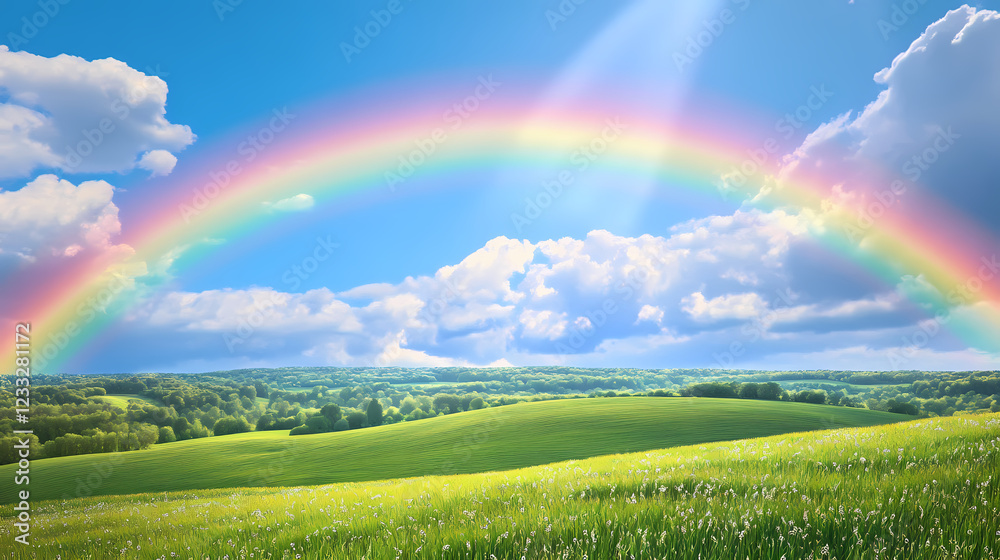 Naklejka premium Stunning double rainbow arches over lush green fields and rolling countryside. Rainbow Fields. Illustration