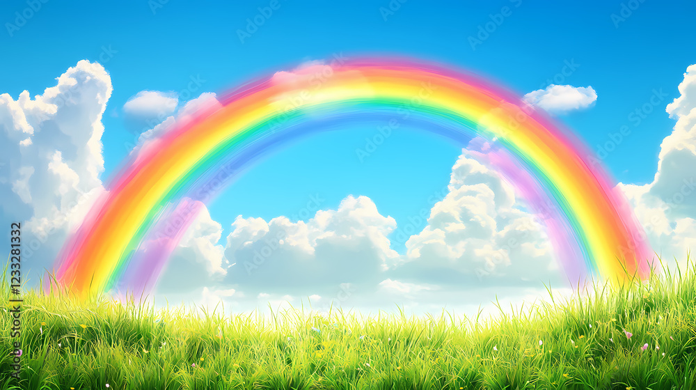 Vibrant double rainbow over green fields. Rainbow Fields. Illustration Vibrant double rainbow over green fields. Rainbow Fields. Illustration