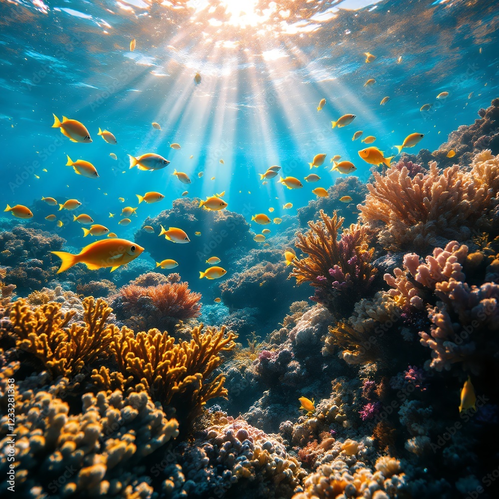 Naklejka premium Vibrant Underwater Coral Reef Scene with Sunbeams