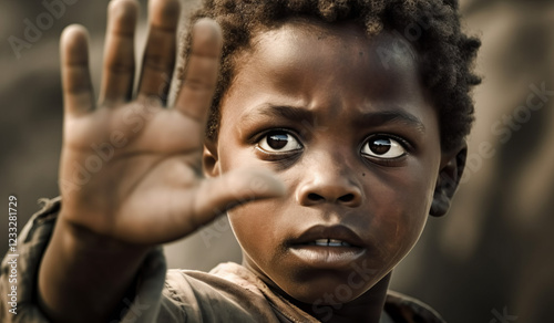 Little African American boy holding out his hand in a stop sign