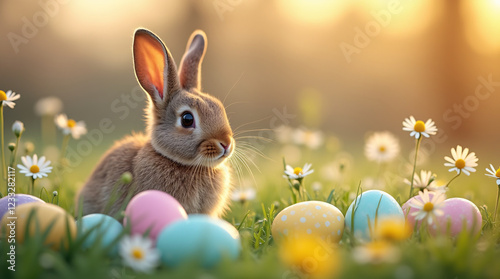 Cute brown bunny rabbit sitting in grass with pastel easter eggs and wildflowers, warm golden hour lighting, blurred background, peaceful easter scene