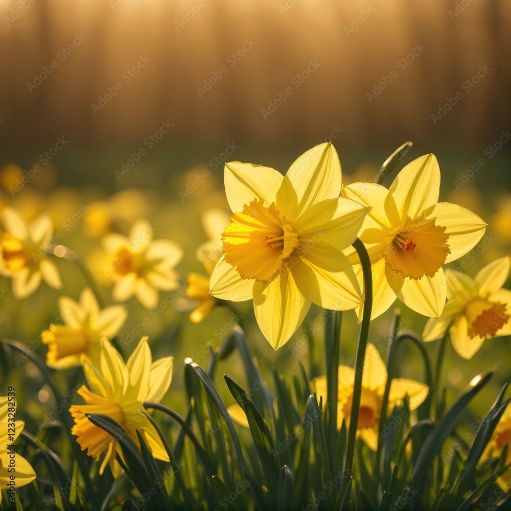 Obraz premium Radiant meadow blooms with golden daffodils under sun-kissed light 