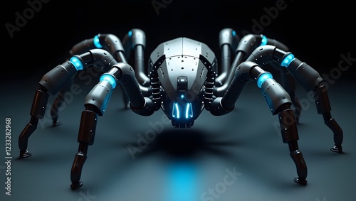 A highly detailed robotic spider with sharp edges and glowing blue joints.
