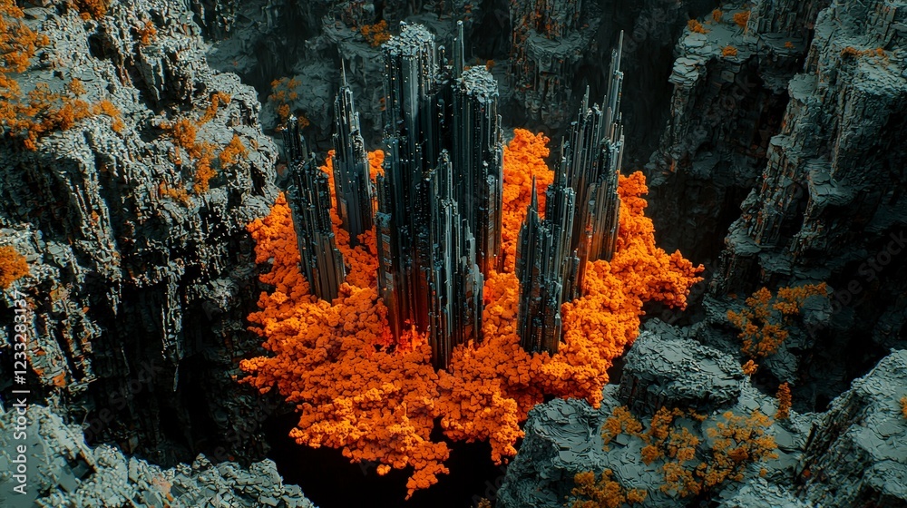 Abstract Alien Landscape with Vibrant Orange Foliage and Sharp Spires Abstract Alien Landscape with Vibrant Orange Foliage and Sharp Spires