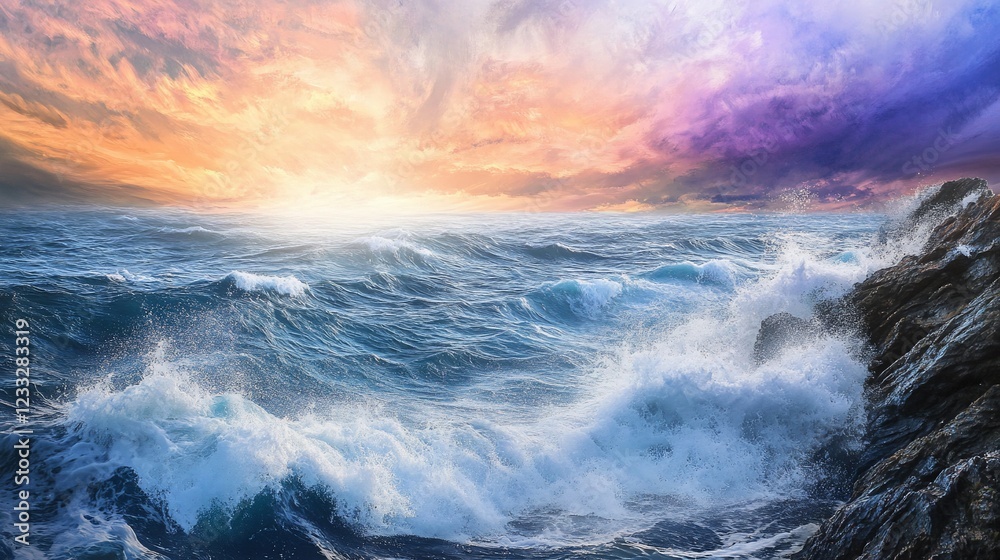 Obraz premium Ocean Waves Crashing Against Rocks with a Colorful Sunset Sky at the Horizon